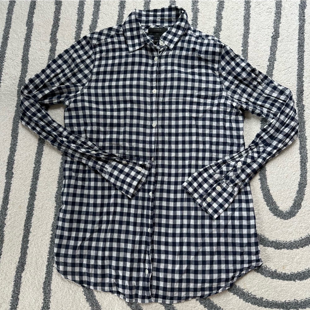 J. Crew Navy and White Gingham Button Down Size 0